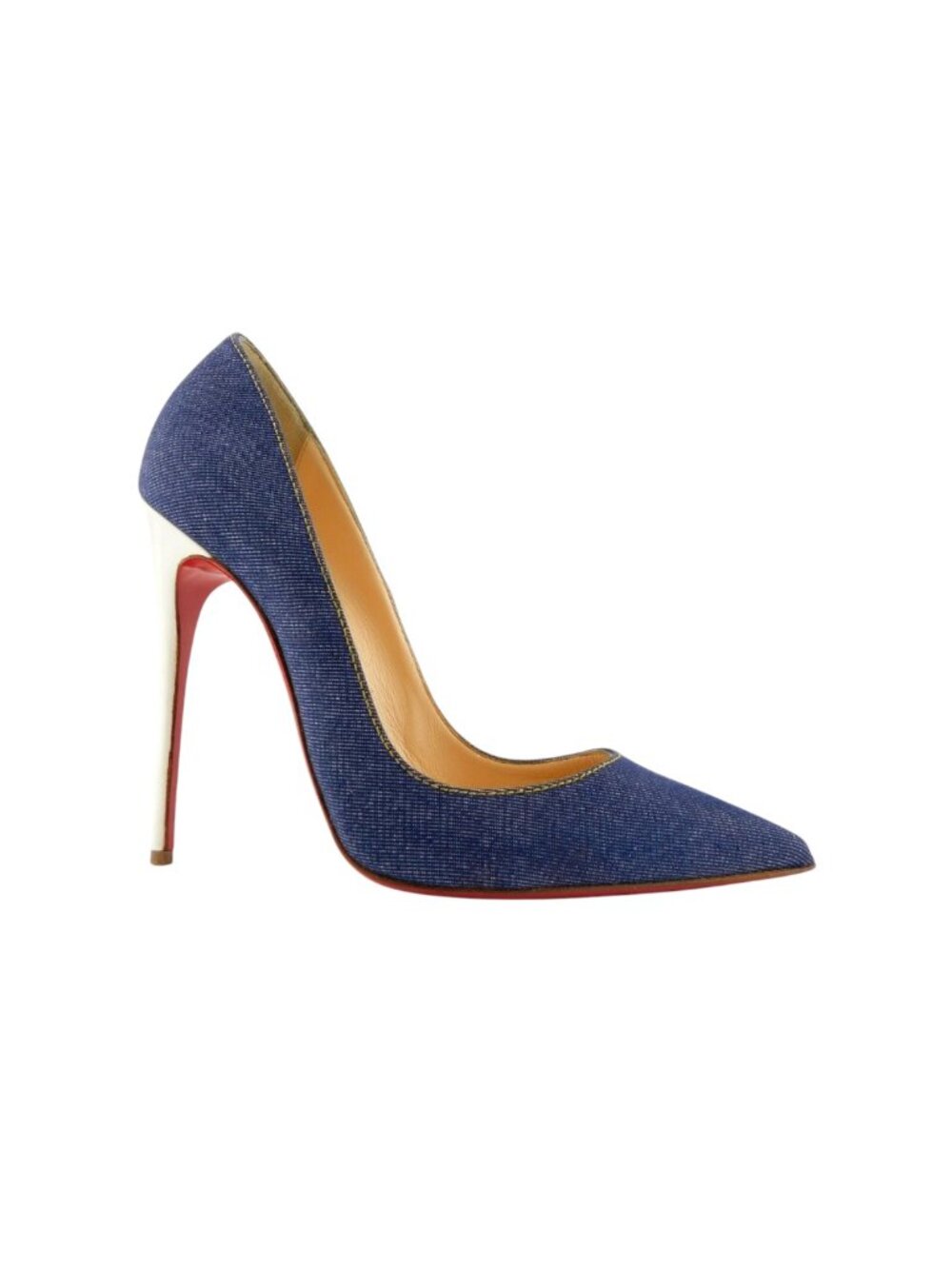 CHRISTIAN LOUBOUTIN Denim Blue Jean White Leather Stiletto Heel Pumps 38